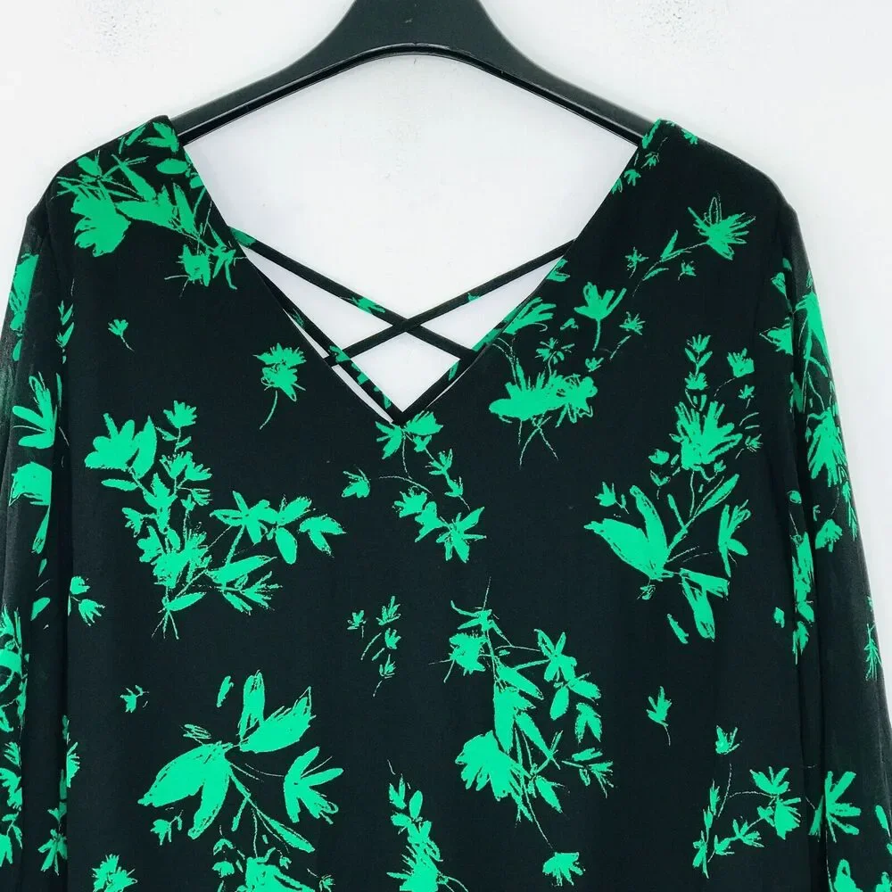 Torrid Women's 0 (Large) Blouse Black Green Floral Print Chiffon Crossback CM28